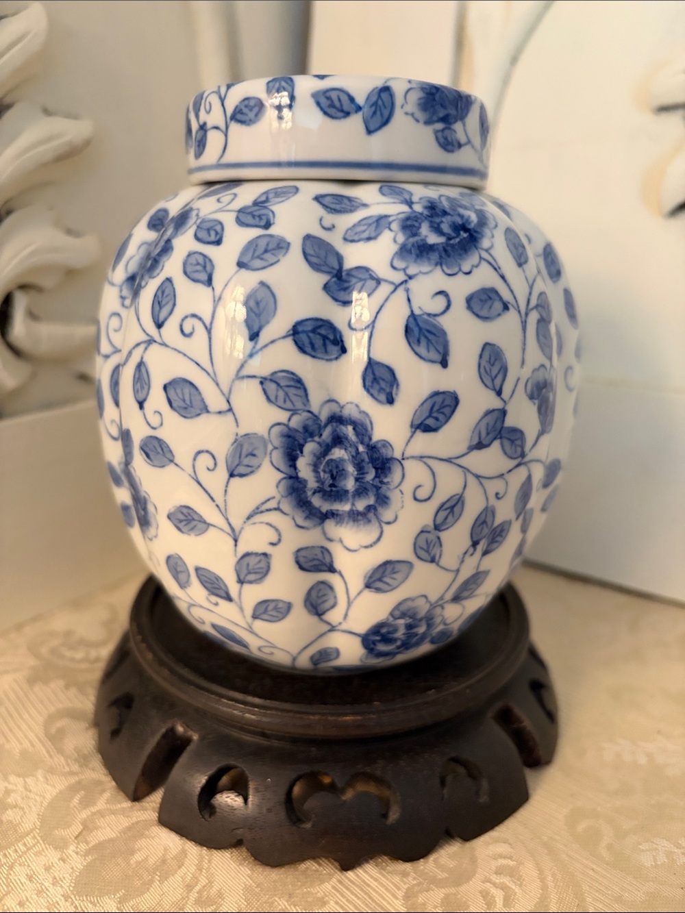 Blue and White Floral Ceramic Ginger Jar - Home Accents with stand